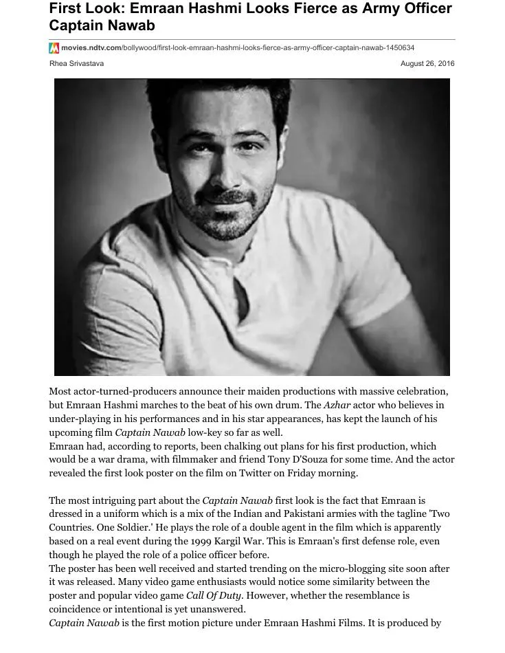 Original NDTV article page: First Look: Emraan Hashmi Looks Fierce as Army Officer Captain Nawab