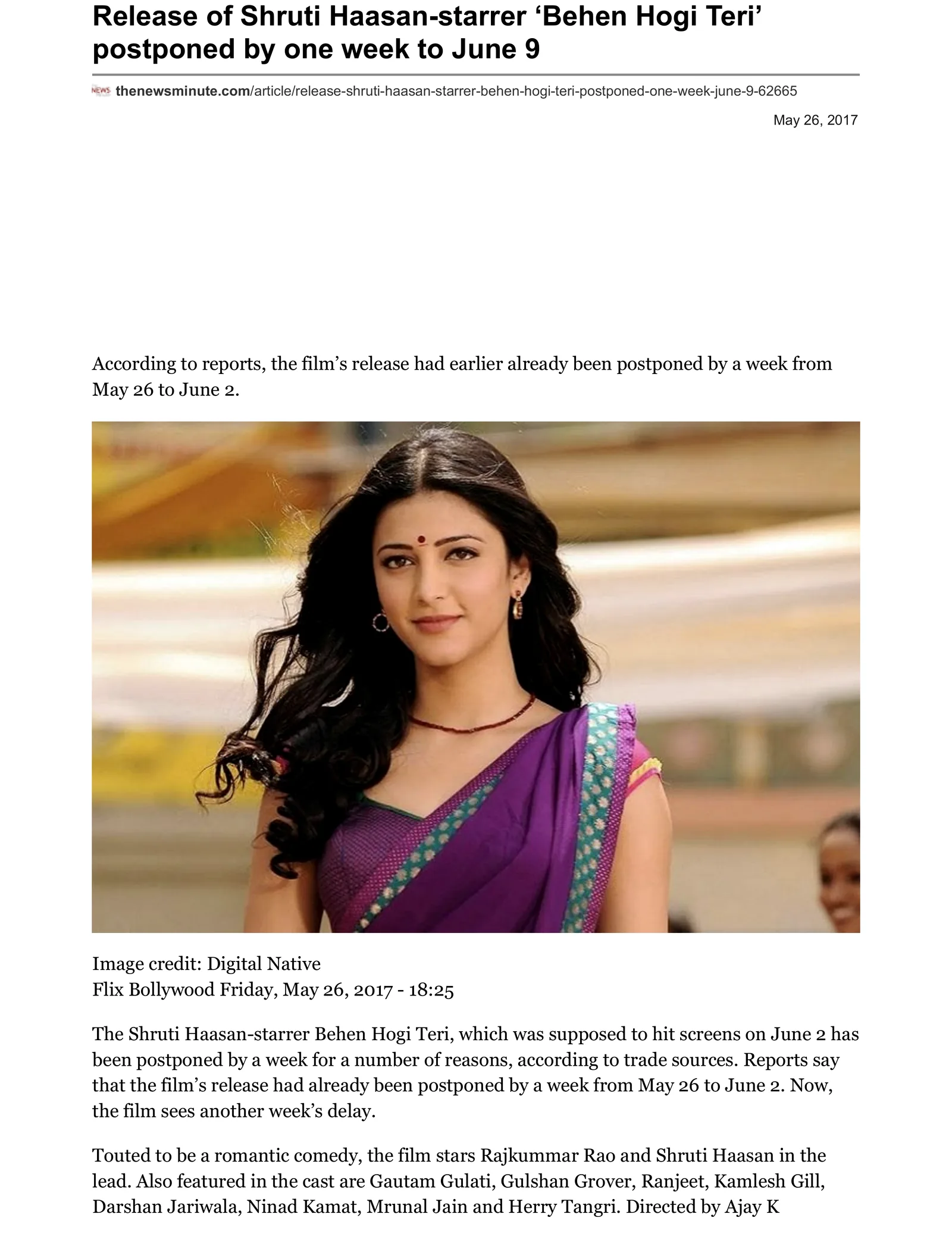 Original The News Minute article page: Release of Shruti Haasan-starrer ‘Behen Hogi Teri’ postponed by one week to June 9