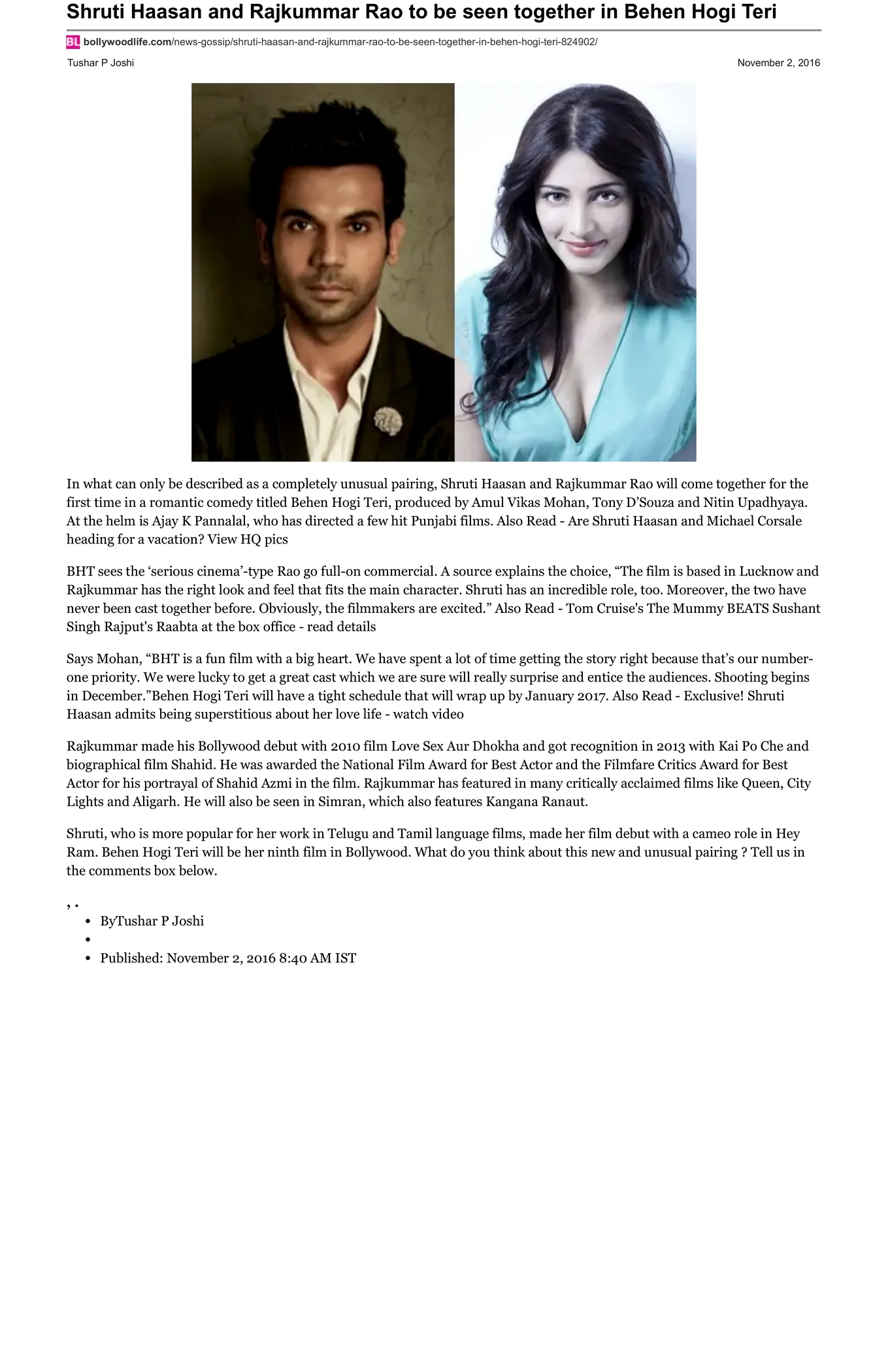 Original BollywoodLife article page: Shruti Haasan and Rajkummar Rao to be seen together in Behen Hogi Teri