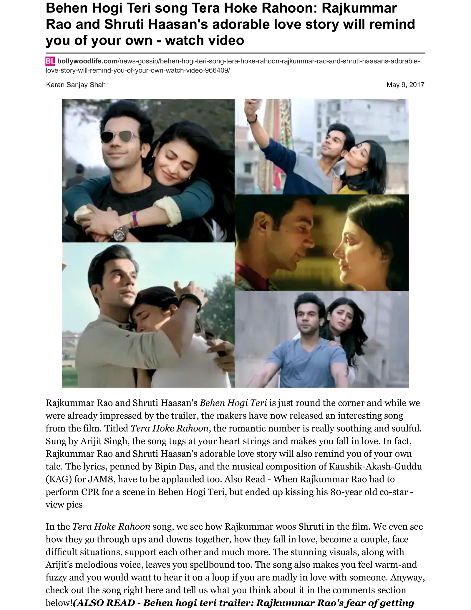 Original BollywoodLife article page: Behen Hogi Teri song Tera Hoke Rahoon: Rajkummar Rao and Shruti Haasan’s adorable love story will remind you of your own