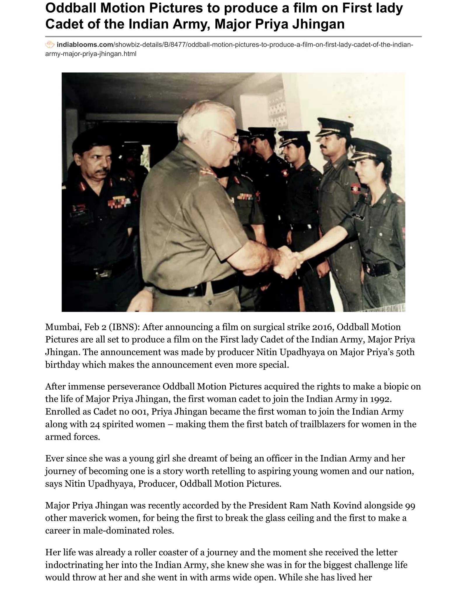 Original India Blooms article page: Oddball Motion Pictures to produce a film on First lady Cadet of the Indian Army, Major Priya Jhingan