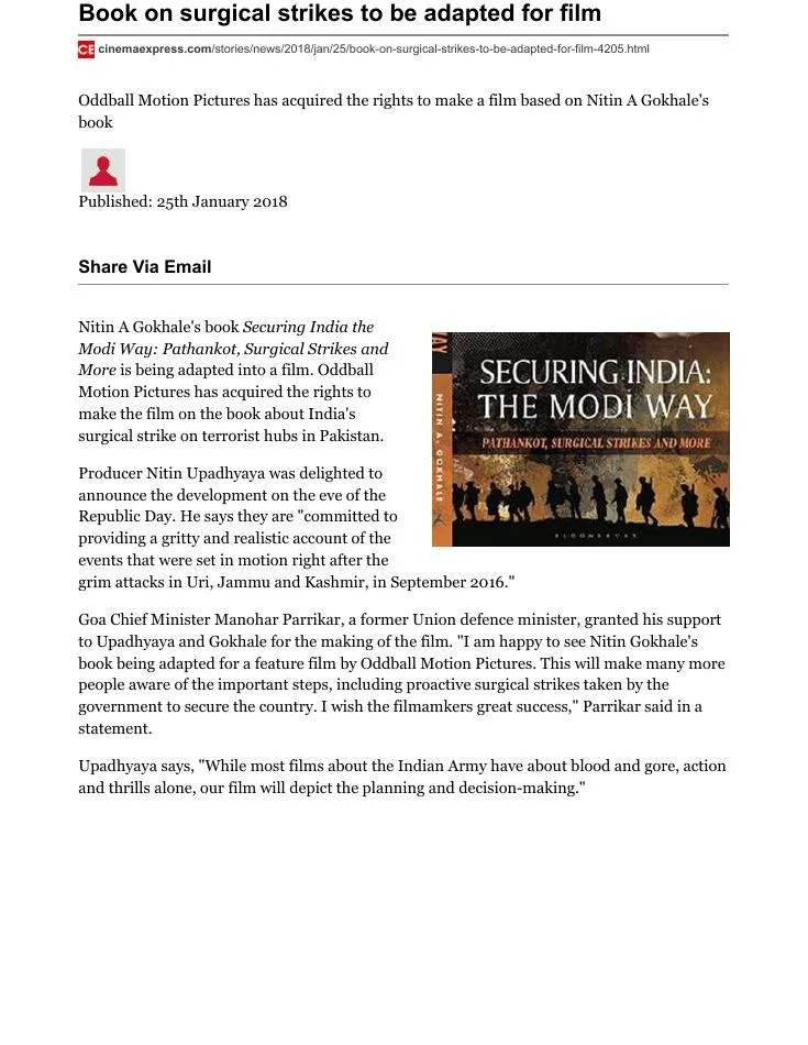 Original Cinema Express article page: Book on surgical strikes to be adapted for film